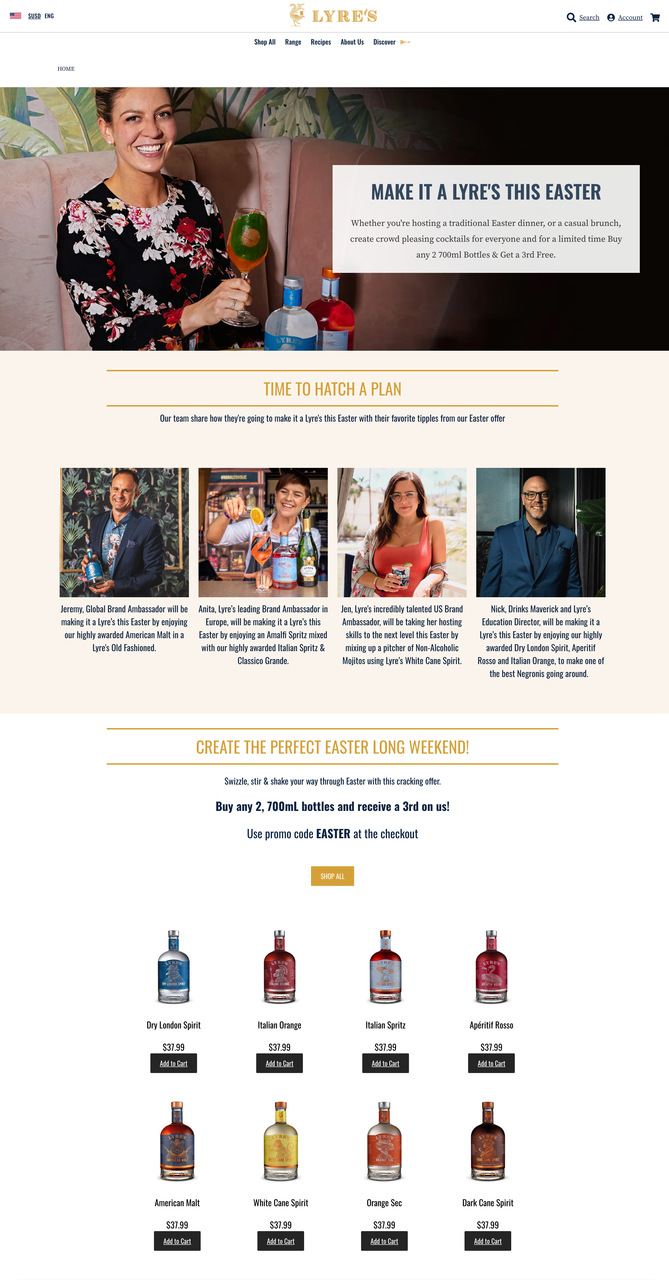 Lyre's Easter promotional page with buy-two-get-one-free offer and ambassador content