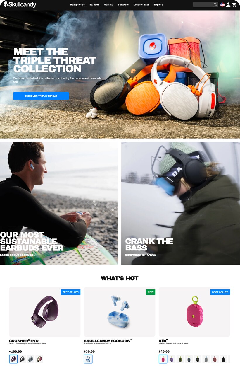Skullcandy product landing page with best seller tags and category navigation