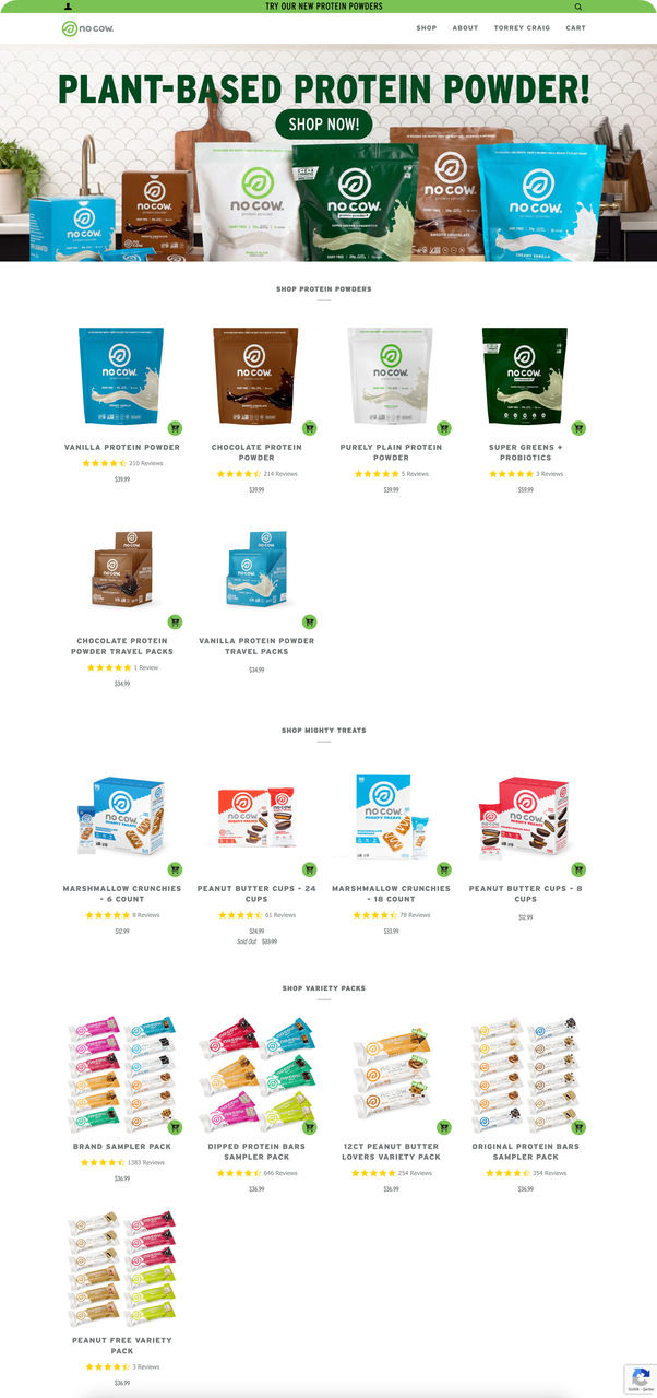 No Cow protein bar landing page with star ratings and category navigation