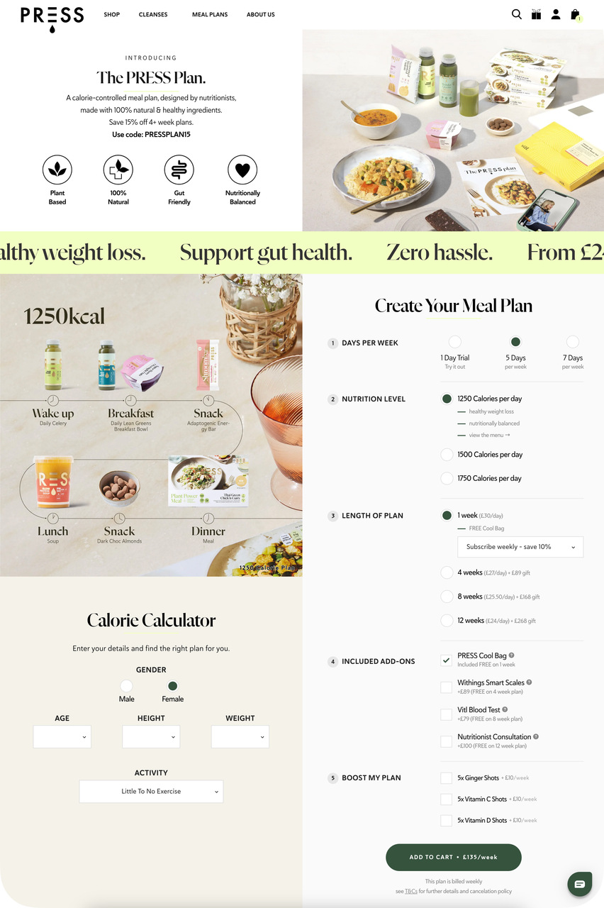 Press juice subscription page with calorie calculator and add to cart options
