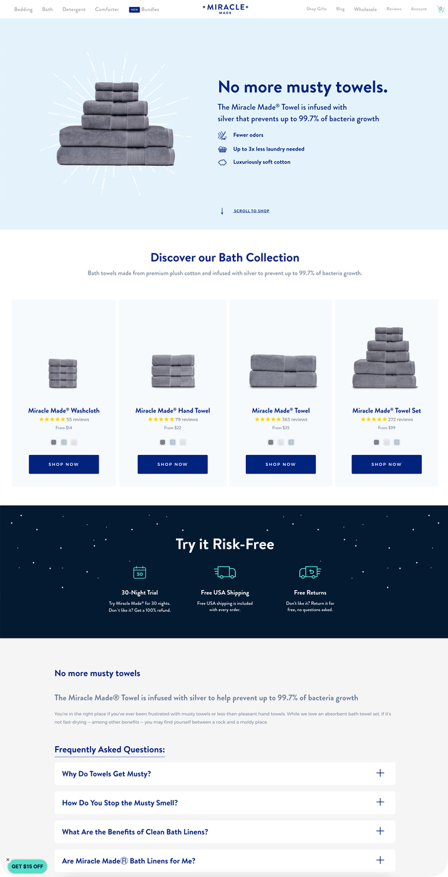 Miracle Made towel product page with 30-night trial and customer reviews
