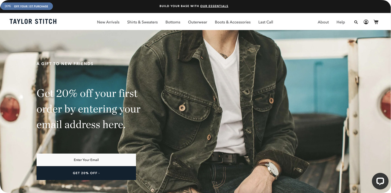 Taylor Stitch landing page with 20% first order discount and email signup