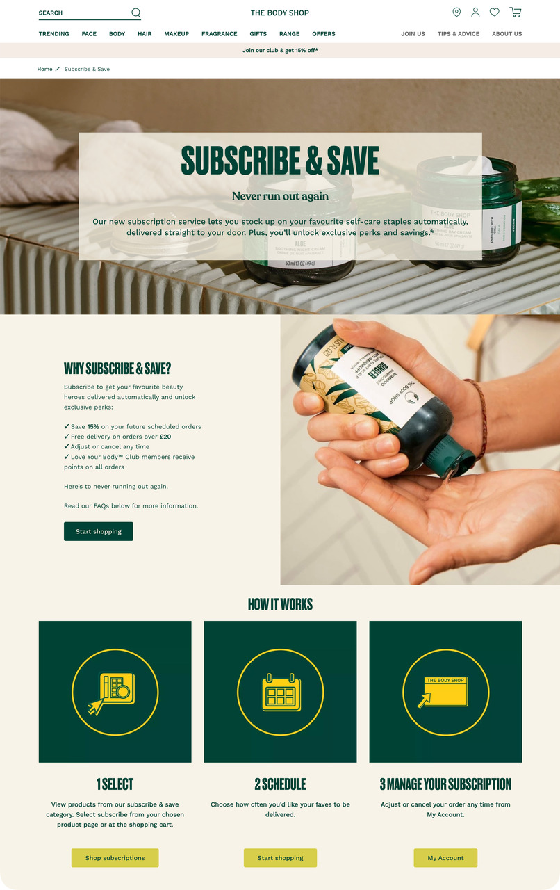 The Body Shop subscription page with 15% savings and Love Your Body club integration