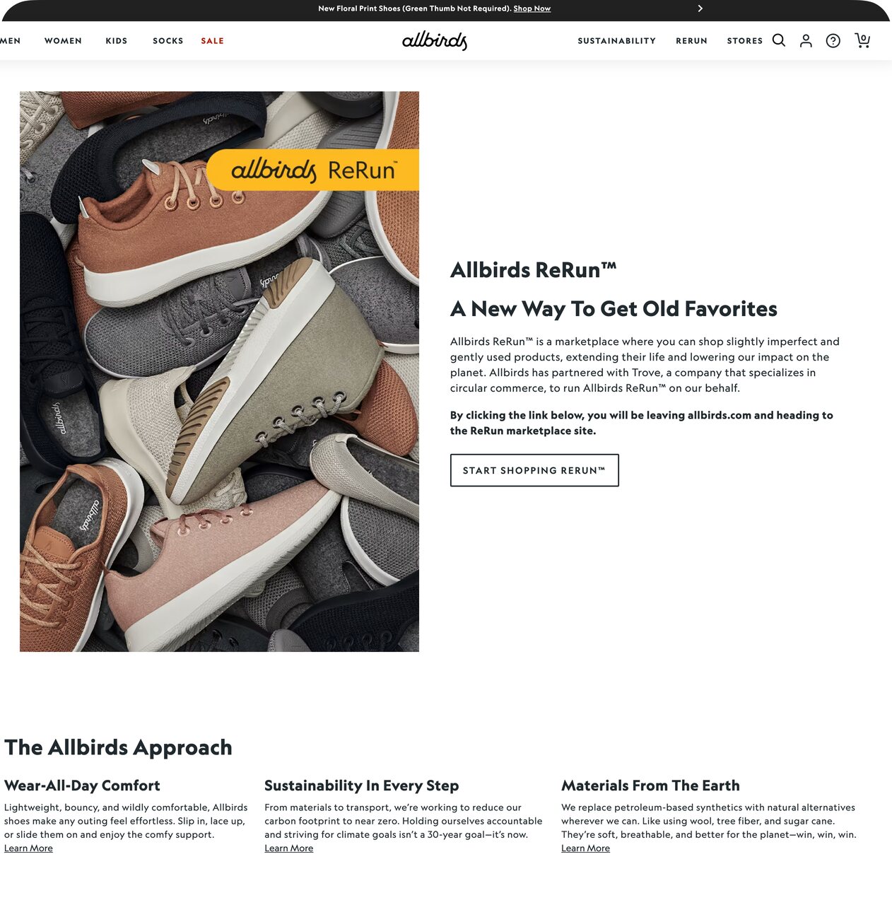 Allbirds ReRun sustainable shoe collection landing page with Shop Now CTA