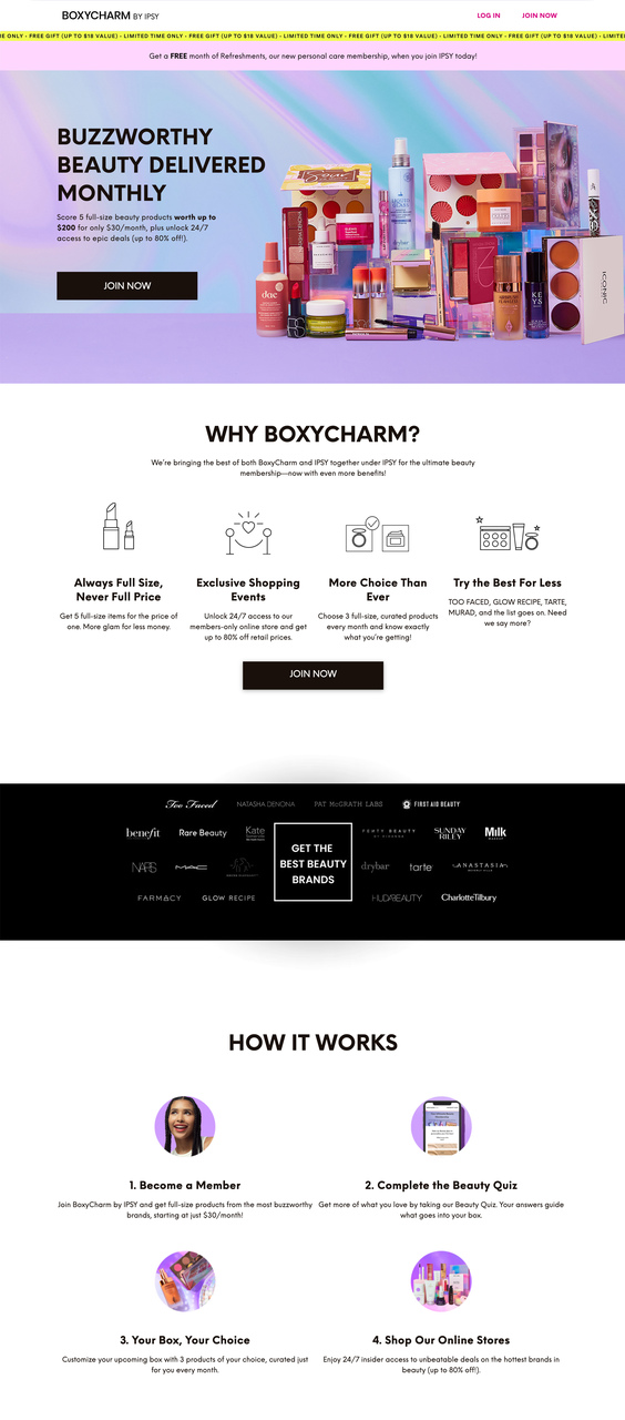BOXYCHARM beauty subscription box landing page with brand logos and member benefits