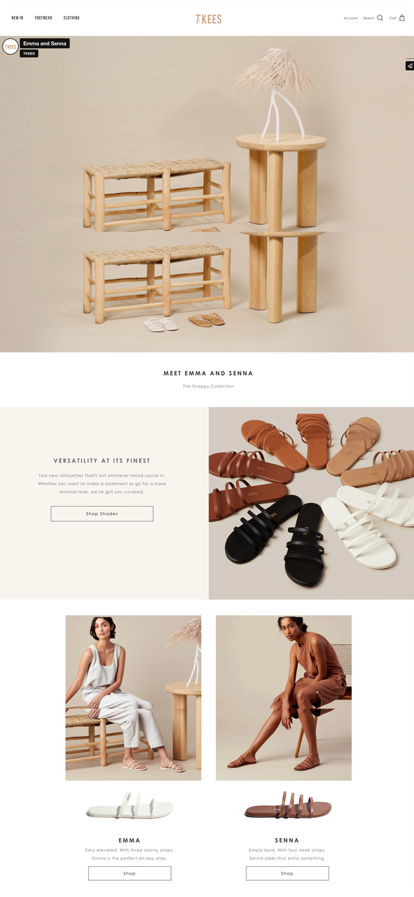 Tkees Emma and Senna shoe collection with minimal layout and shop buttons