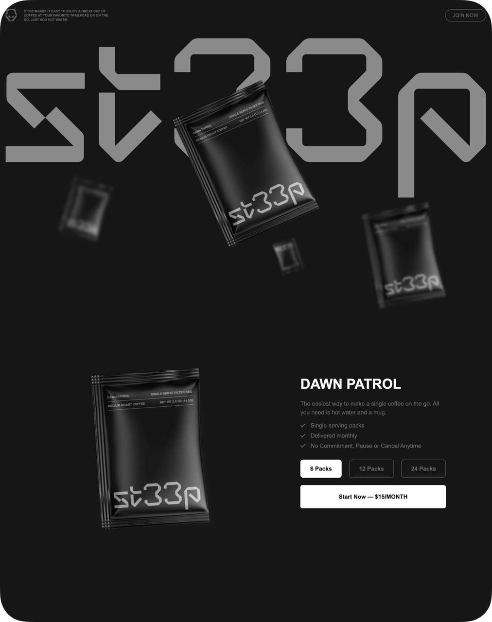 st33p tea subscription landing page with single-serving packs and pricing CTA