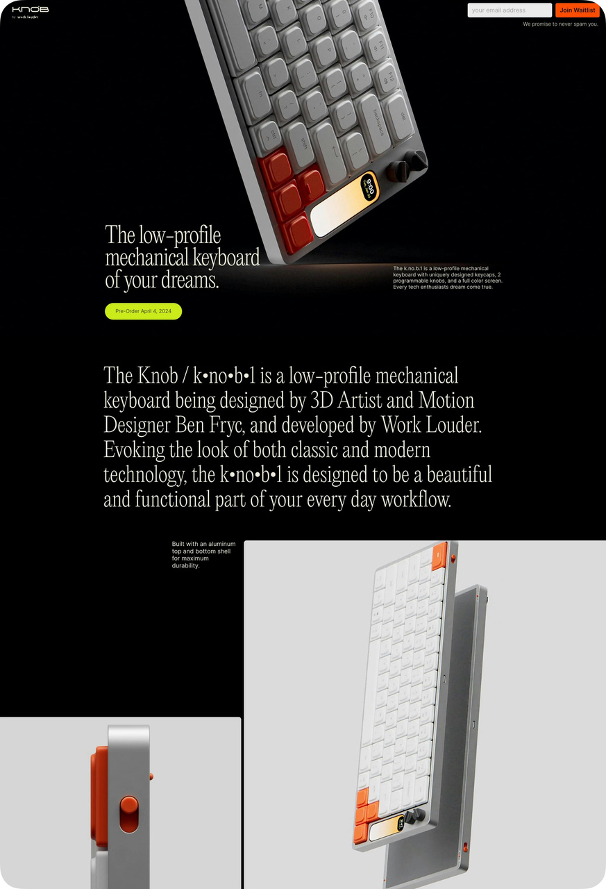KNOB keyboard product landing page with pre-order button and design details