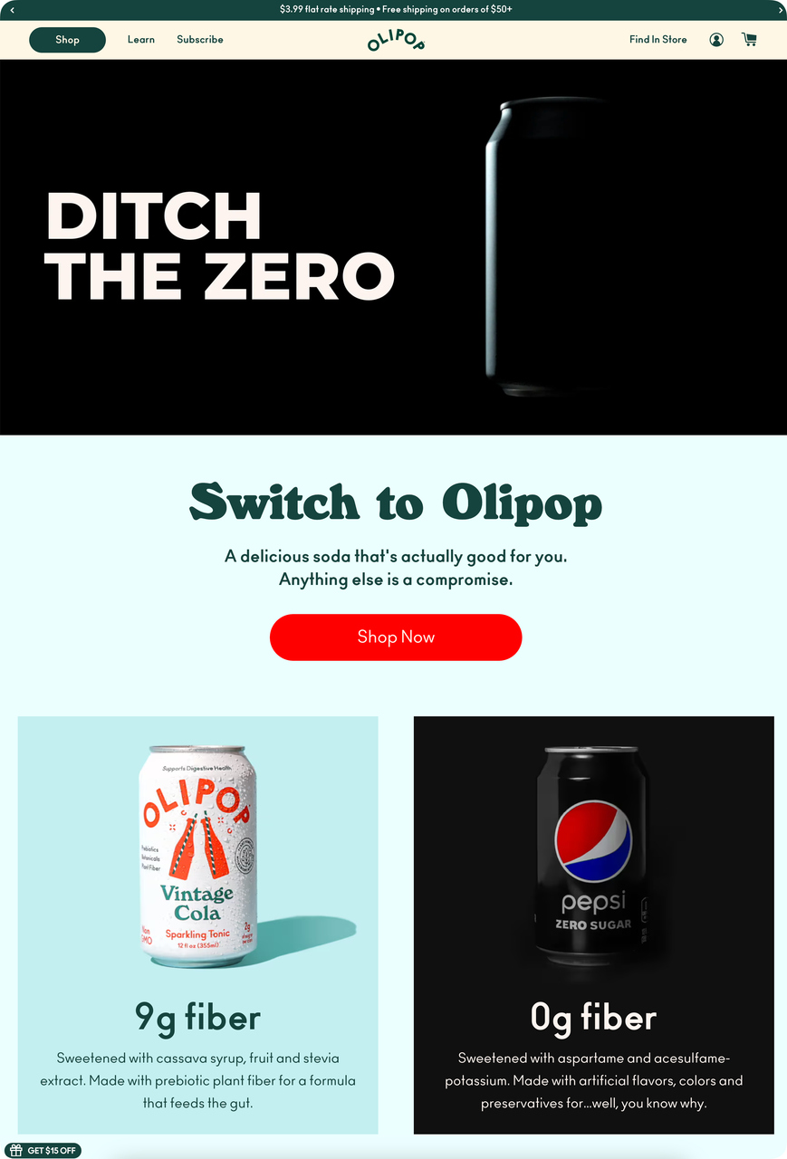 OLIPOP soda landing page comparing product benefits against Pepsi Zero Sugar