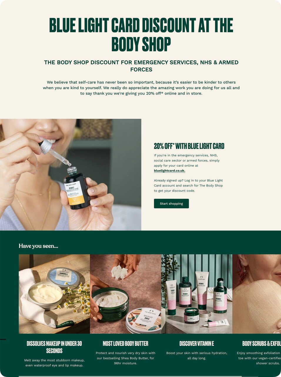 The Body Shop Blue Light Card discount page for emergency services and NHS staff