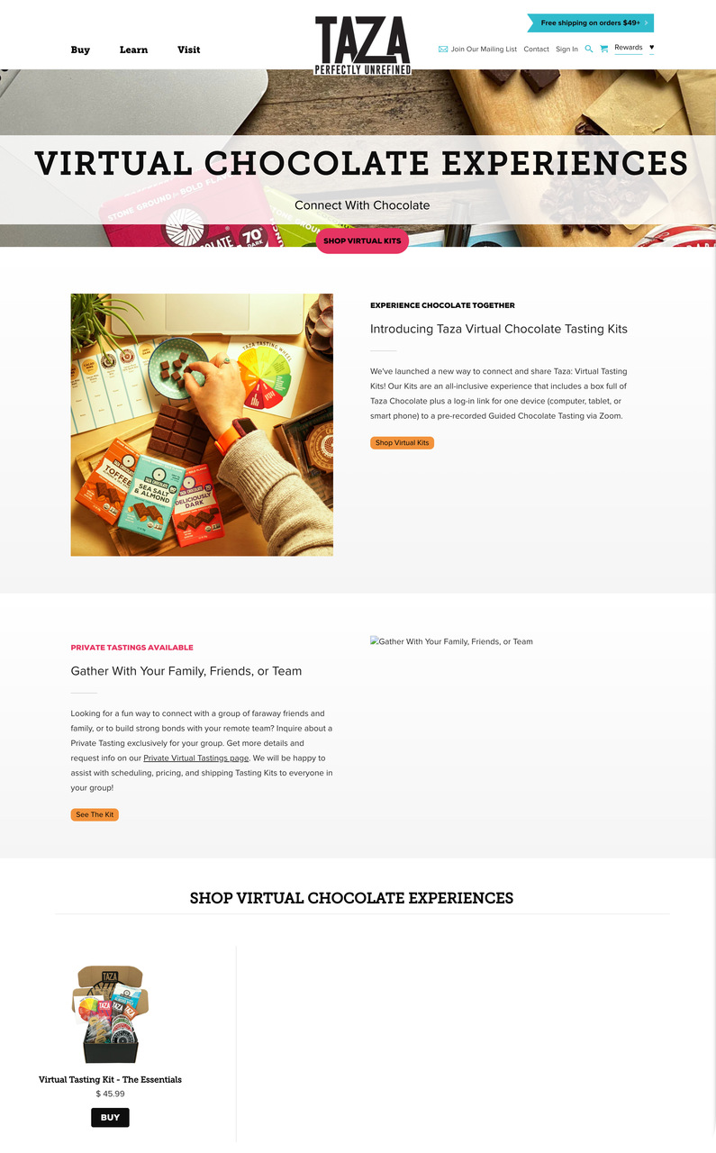Taza Chocolate virtual tasting kit page with pricing and private tasting options