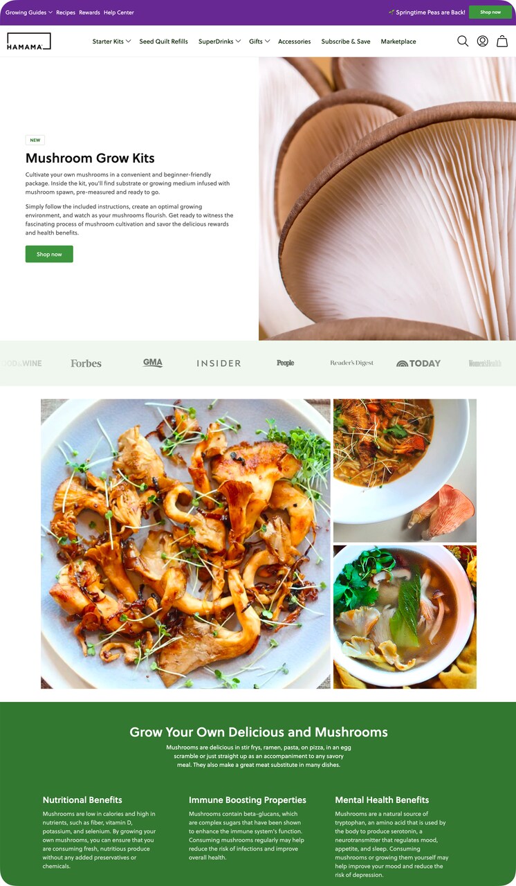 Hamama mushroom grow kit landing page with Forbes and Insider press mentions