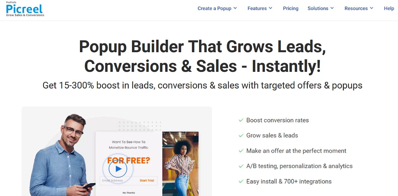 The homepage of Picreel which is one of the best exit intent popup plugins for Wordpress