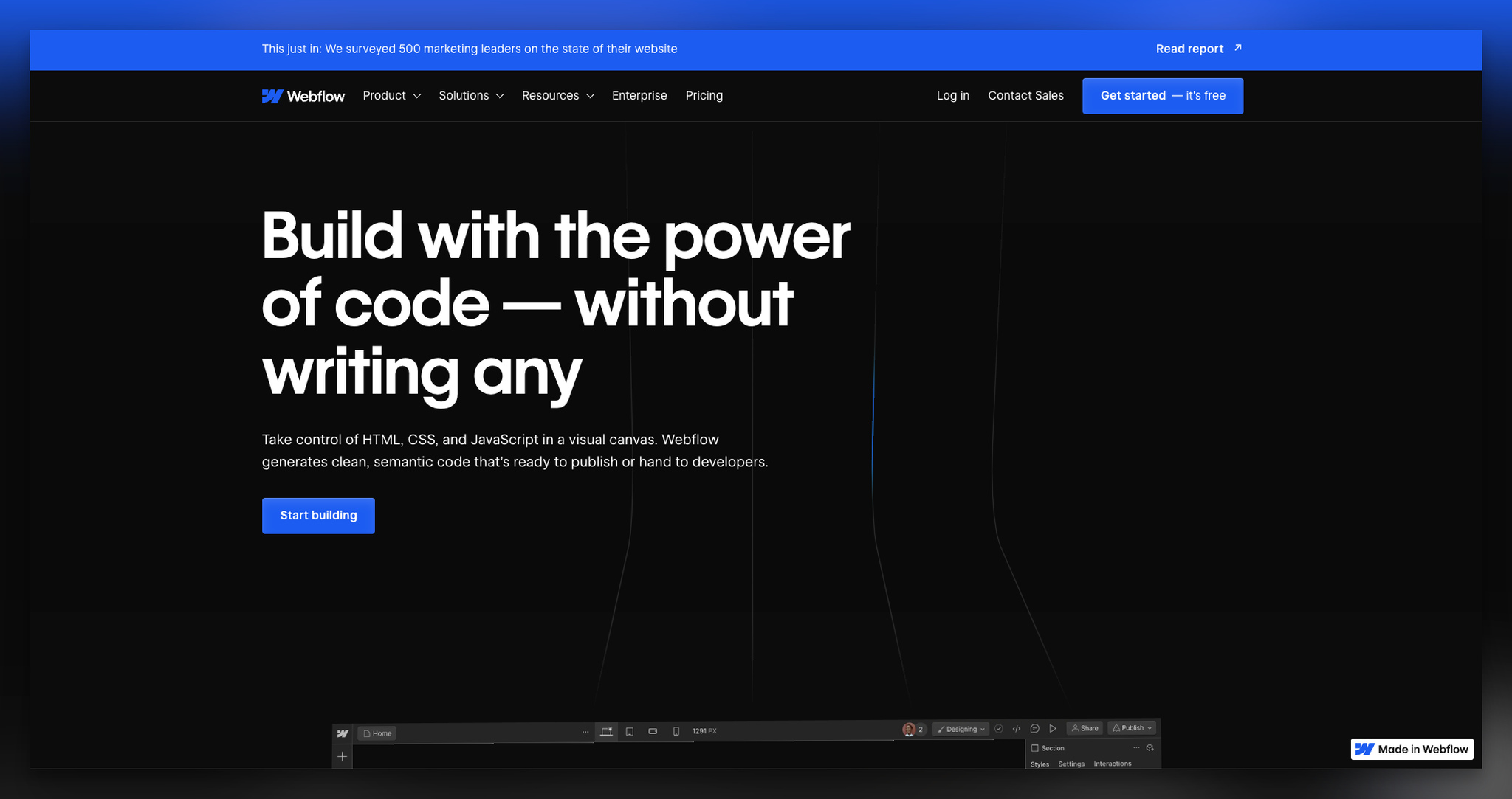 Webflow'un açılış sayfası örneğinin ilk kısmının ekran görüntüsü