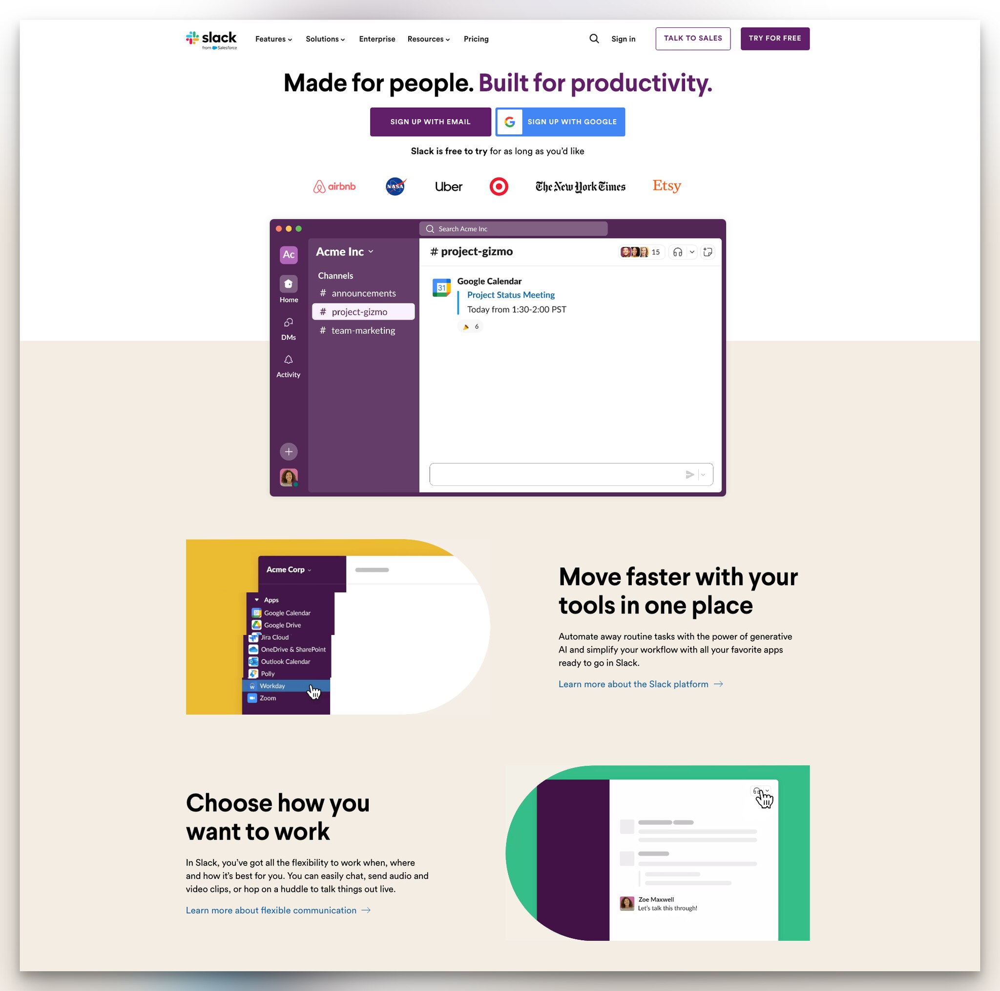 Slack'in açılış sayfası örneğinin ekran görüntüsü