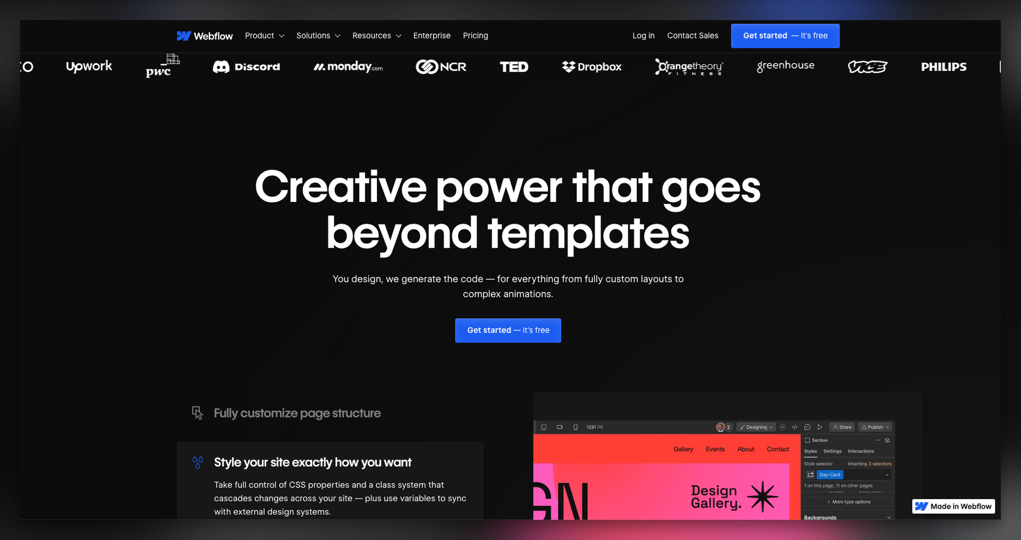 Webflow'un açılış sayfası örneğinin ikinci kısmının ekran görüntüsü