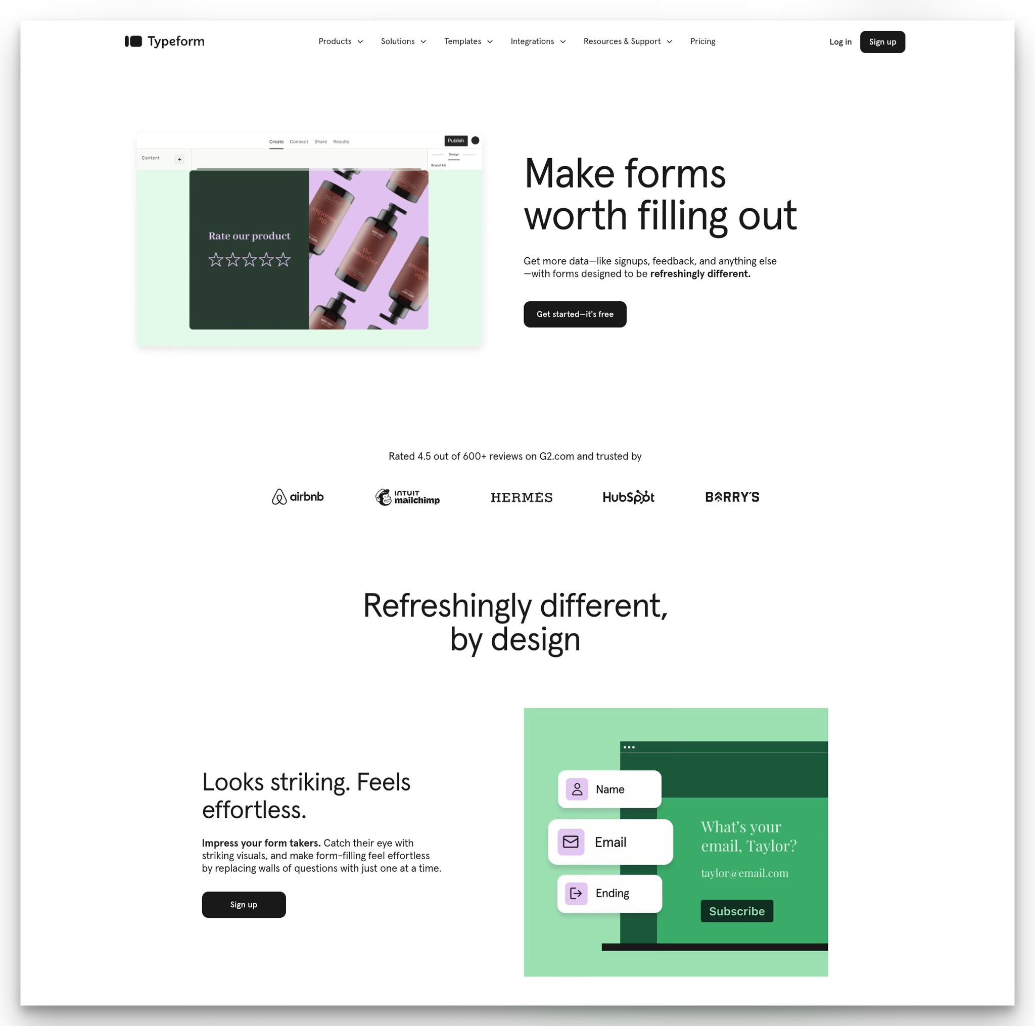 Typeform'un açılış sayfasının bir ekran görüntüsü