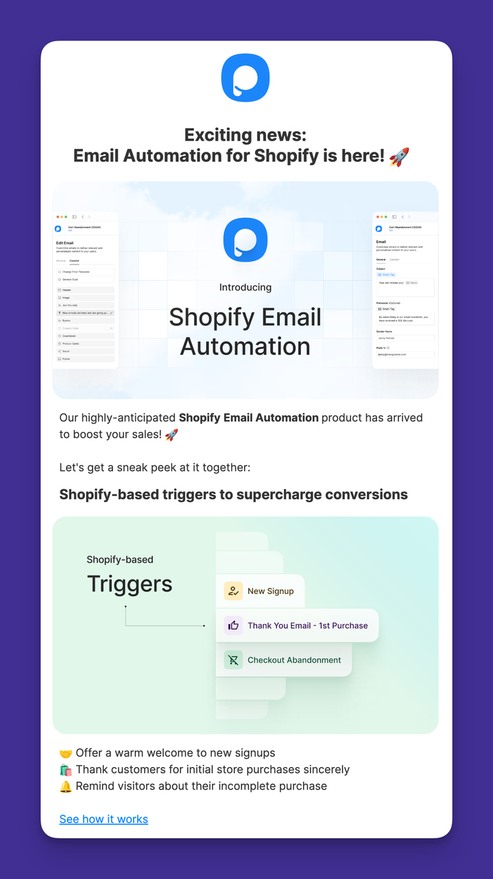 Popupsmart'ın B2B e-posta örneği: Popupsmart, Shopify e-posta otomasyonu özelliğini tanıttı.