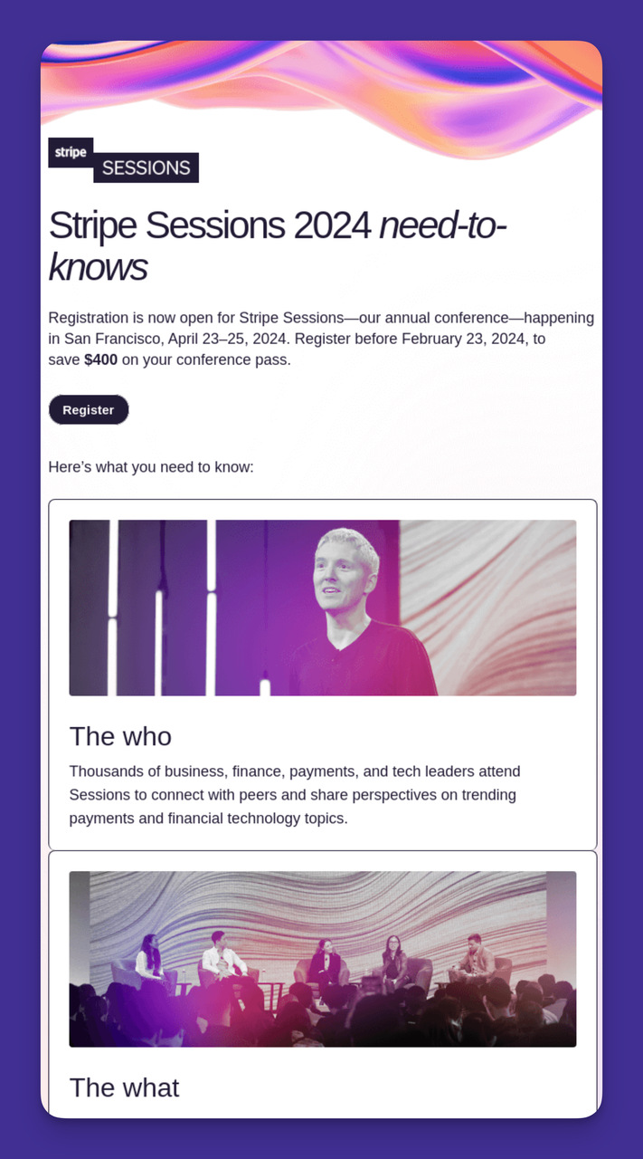 Stripe'ın Etkinlik Daveti için B2B E-postasının ekran görüntüsü.