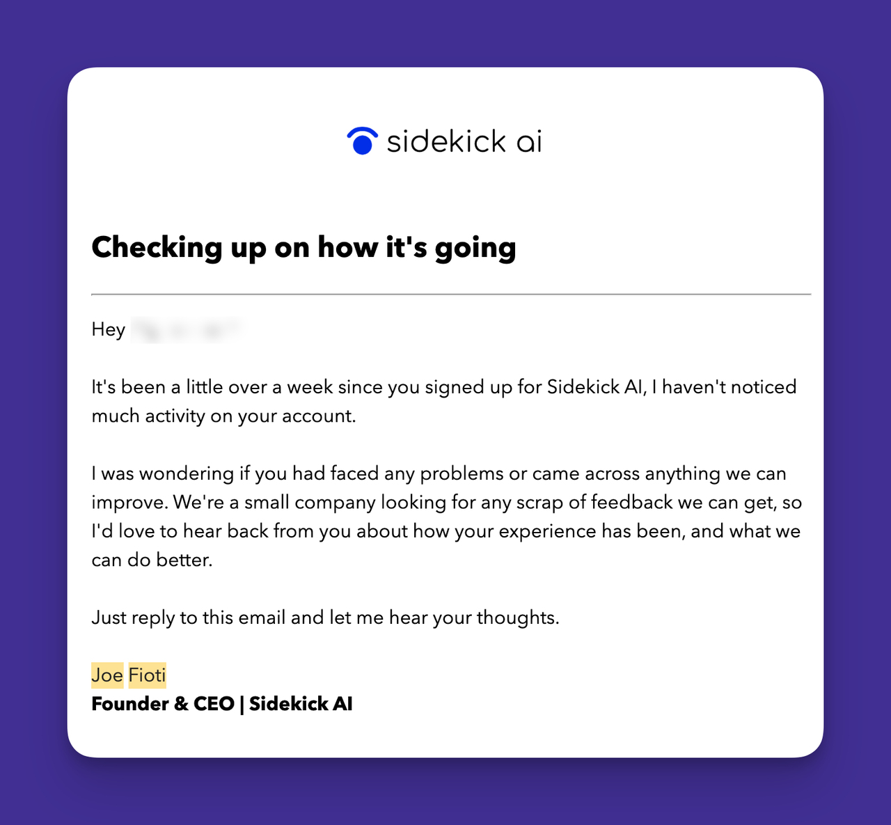 Sidekick AI'nin B2B takip e-postası örneğinin ekran görüntüsü