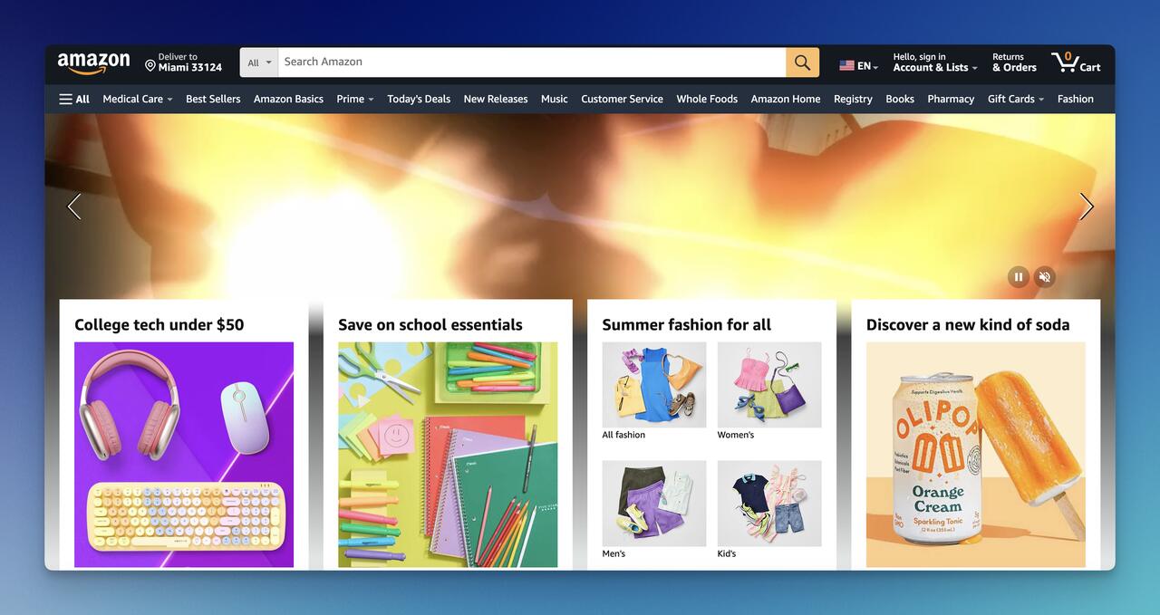 Amazon homepage showing segmented product recommendation shelves including deals, recently viewed, and category-specific picks