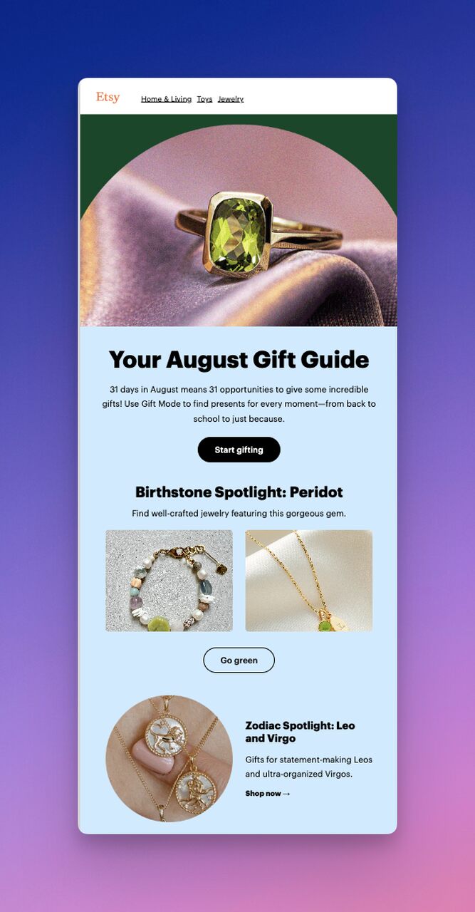 Etsy email featuring personalized gift ideas with animated visuals and category-specific product recommendations
