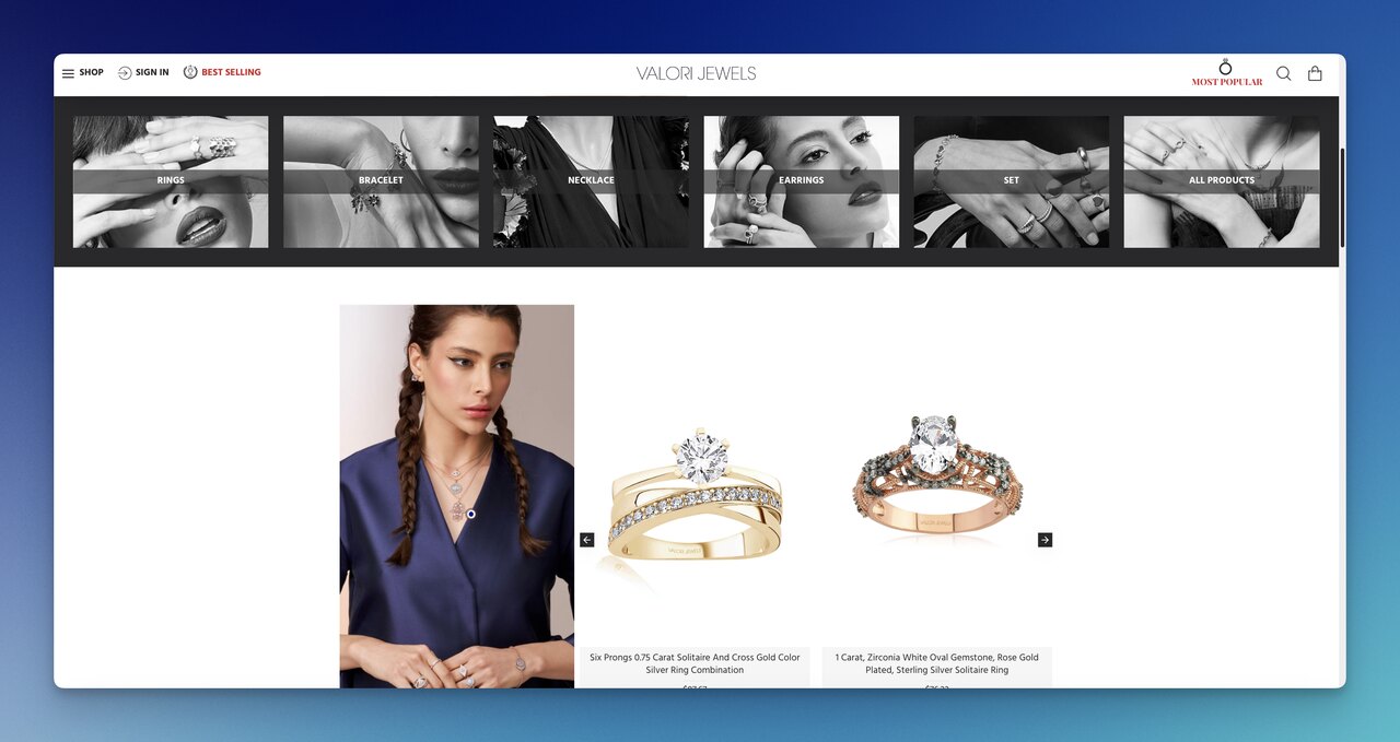 Valori Jewels homepage with rotating category-based product recommendations matched to the shopper's browsing context