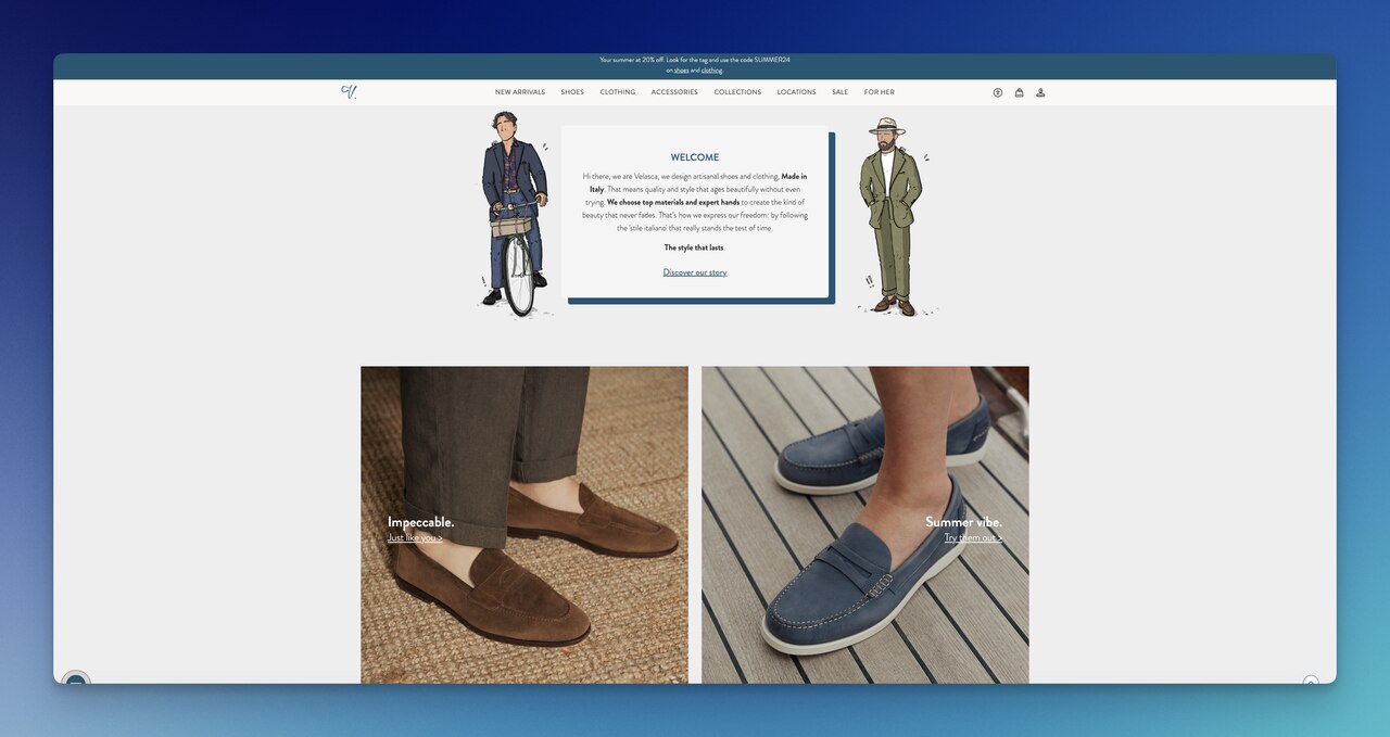 Velasca homepage with a single hero recommendation, clean photography, and one clear call-to-action button