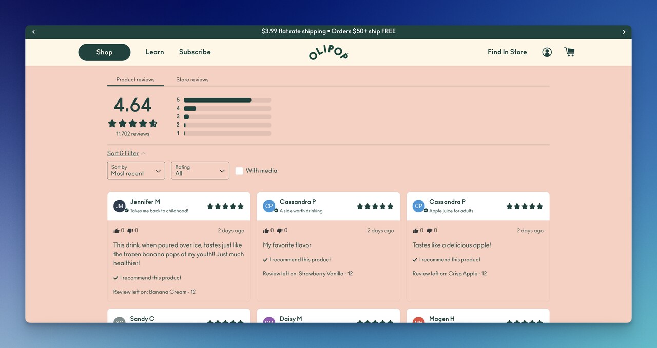 Olipop dedicated reviews page displaying customer ratings and quotes that double as a product recommendation surface