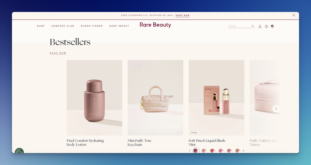 Rare Beauty homepage with an animated hero followed by a Bestsellers shelf showcasing top-selling beauty products