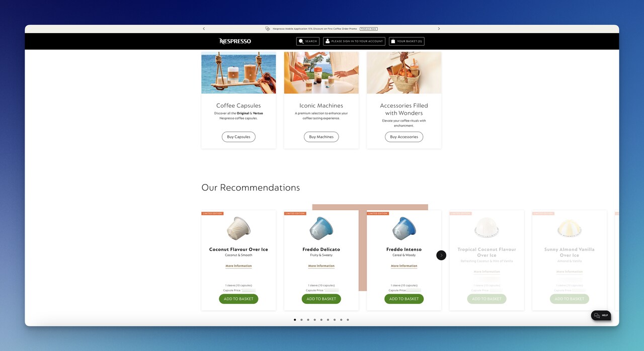 Nespresso homepage with an Our Recommendations section displaying complementary post-purchase product suggestions