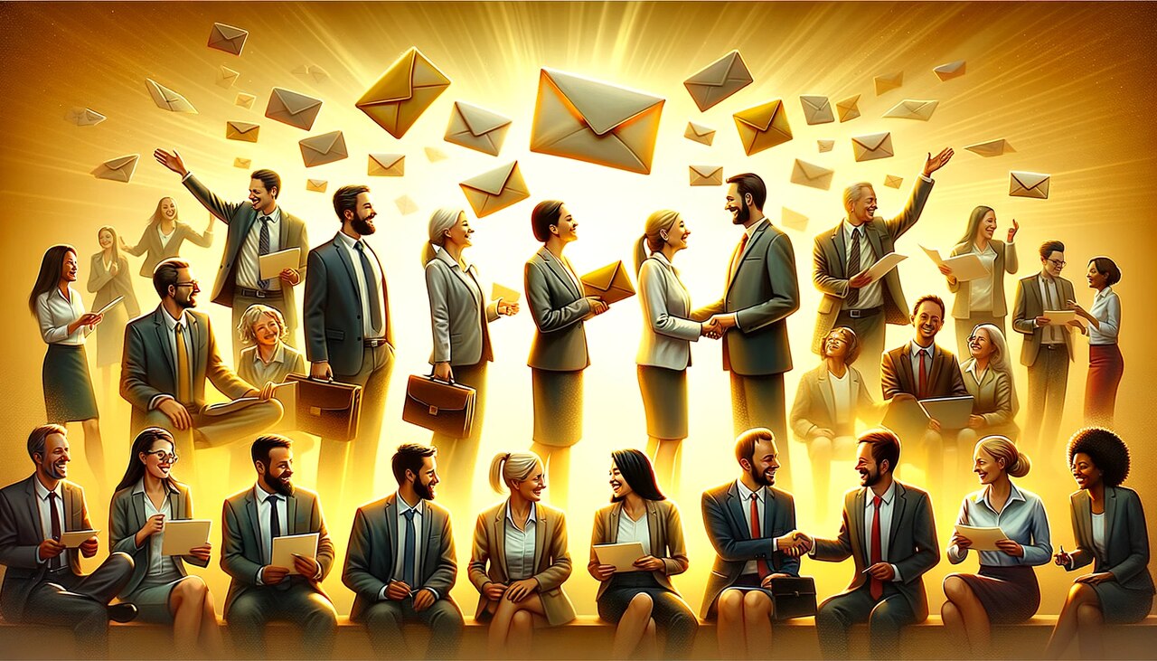 An image with happy business people and multiple mails everywhere