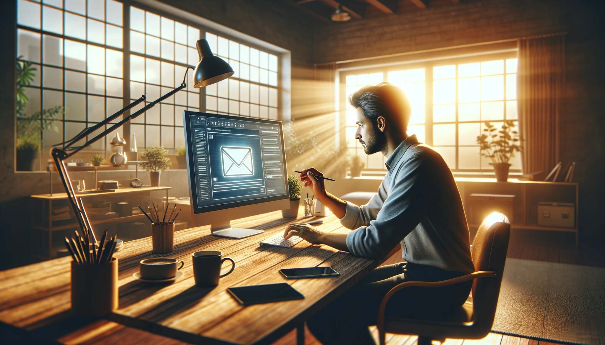 Çalışma alanında e-posta içeriği üzerinde çalışan bir adam