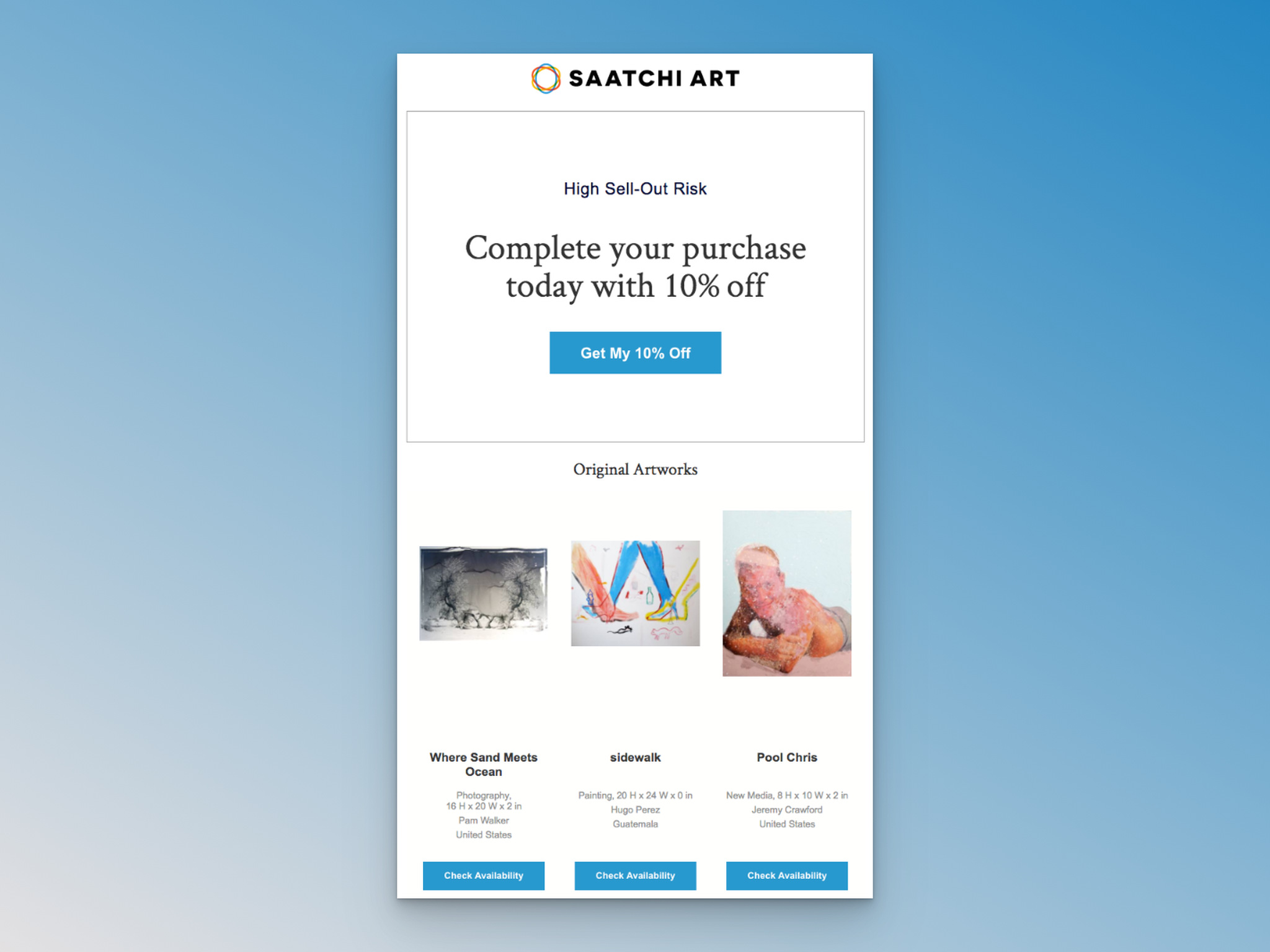Saatchi Art browse abandonment email with high sell-out risk warning and 10 percent discount