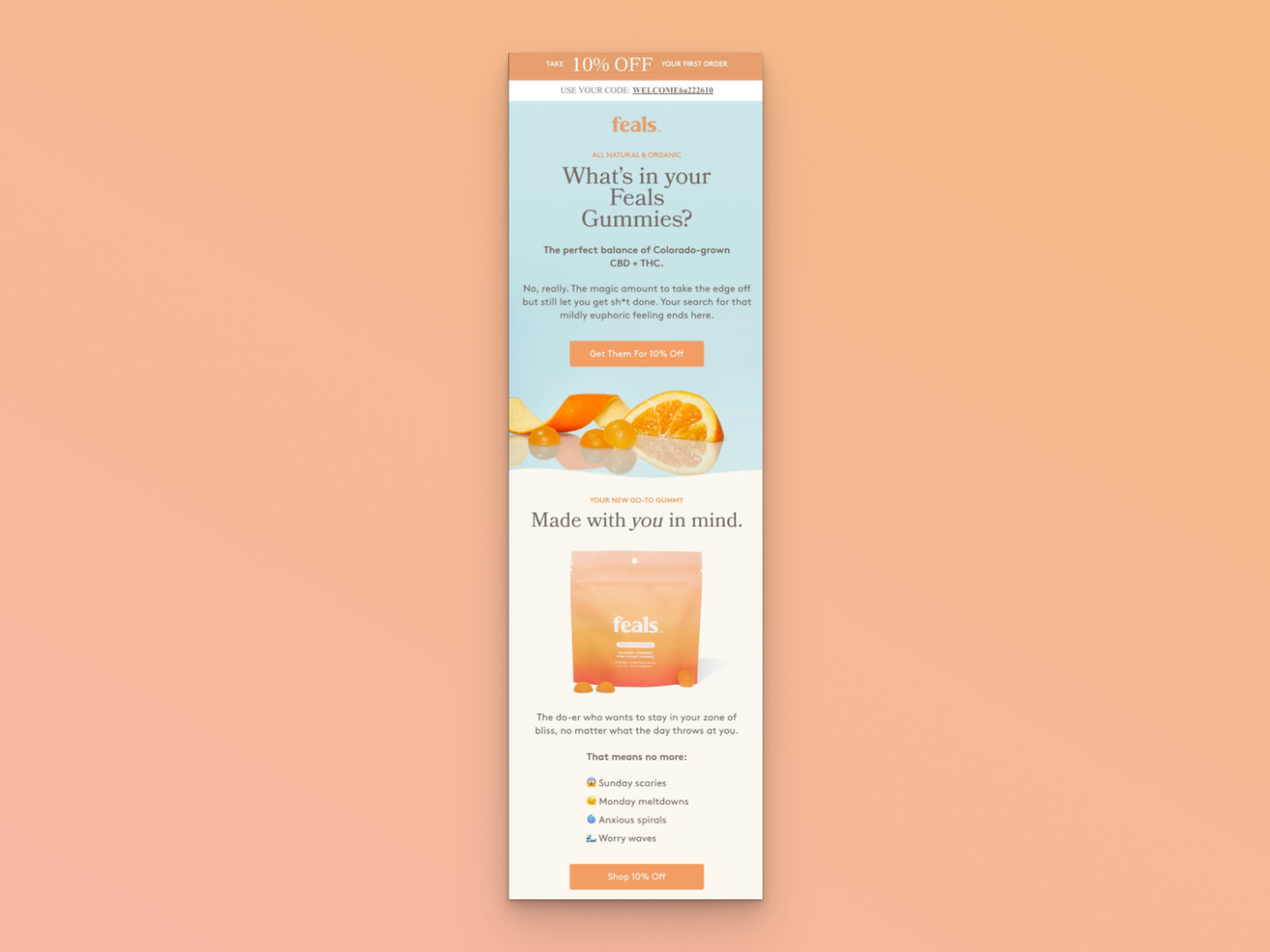Feals browse abandonment email featuring 10 percent discount code and product details