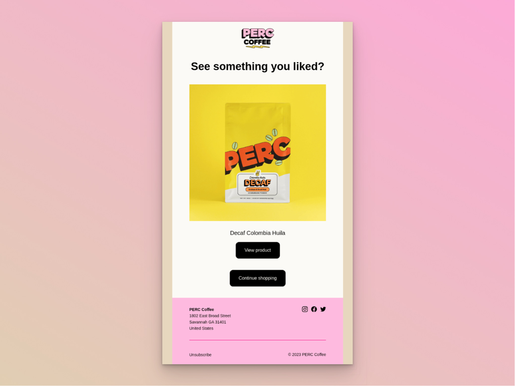 Perc Coffee'nin gezintiyi terk etme e-posta örneğinin bir ekran görüntüsü