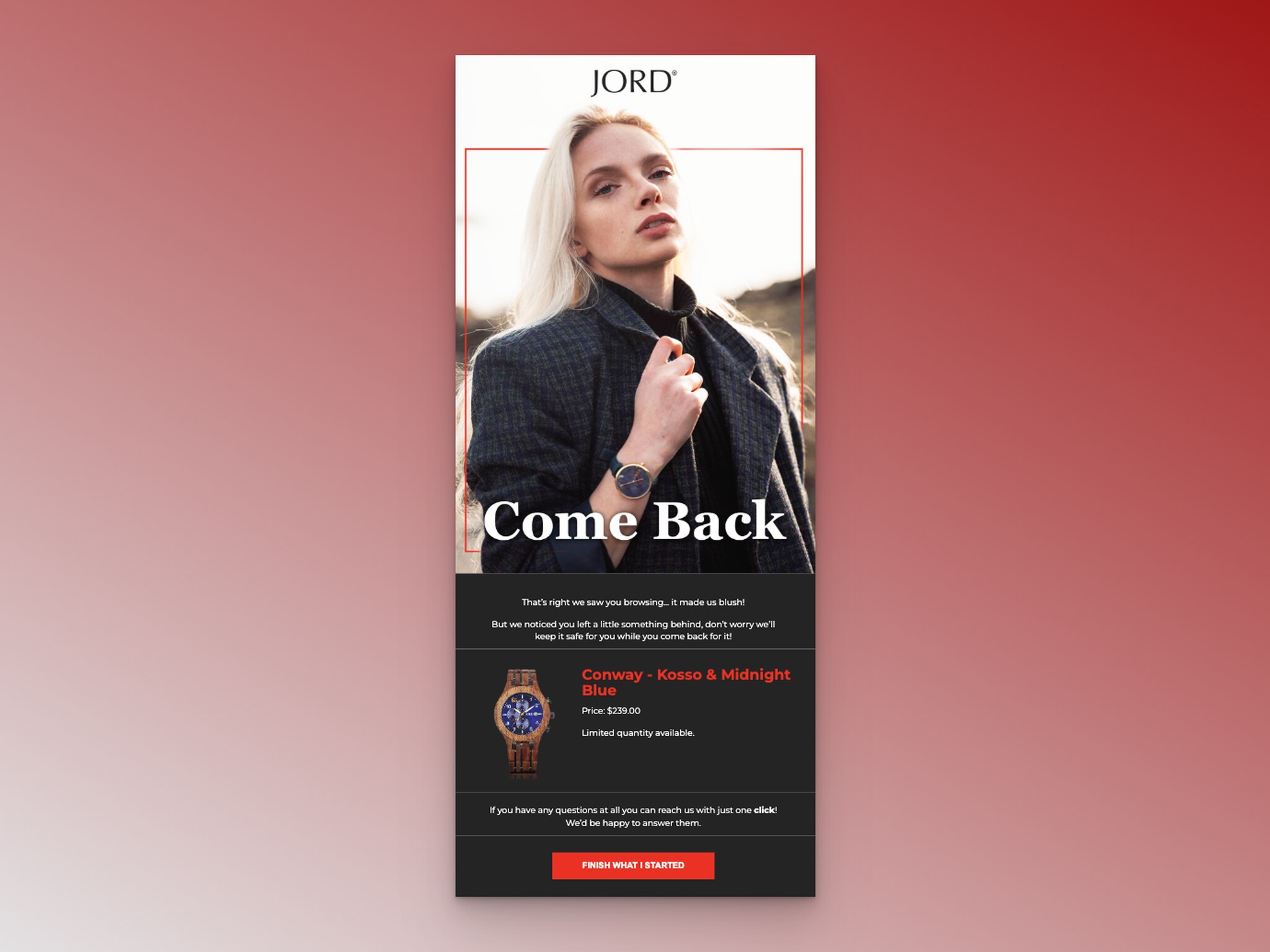 Jord browse abandonment email with playful copy and limited quantity messaging