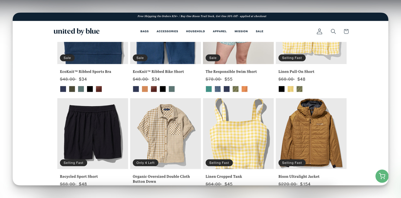 A screenshot of an online clothing store's webpage with various apparel items on sale.