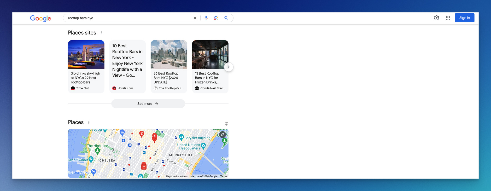 Arama terimi "NYC çatı barları" için yerel SEO Google Arama örneği