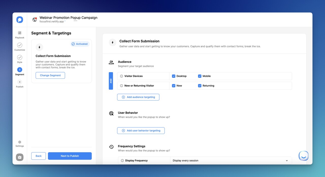 the segmentation step of Popupsmart popup builder