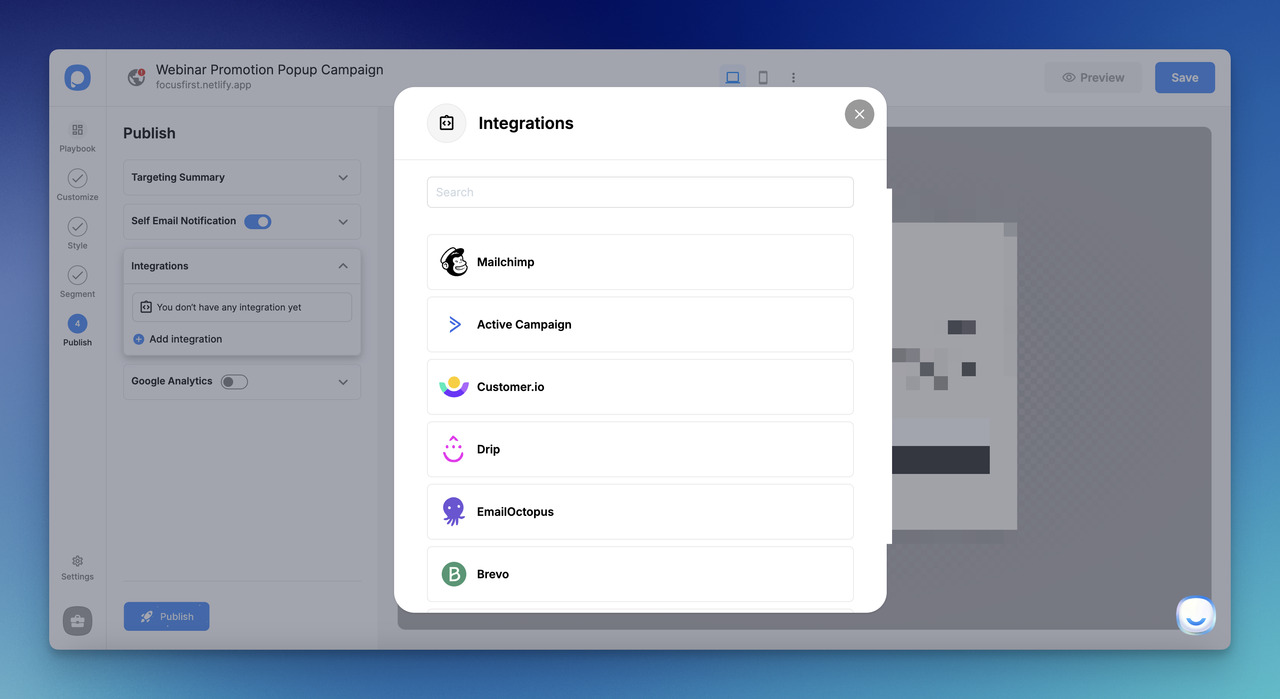 Integrations section of Popupsmart