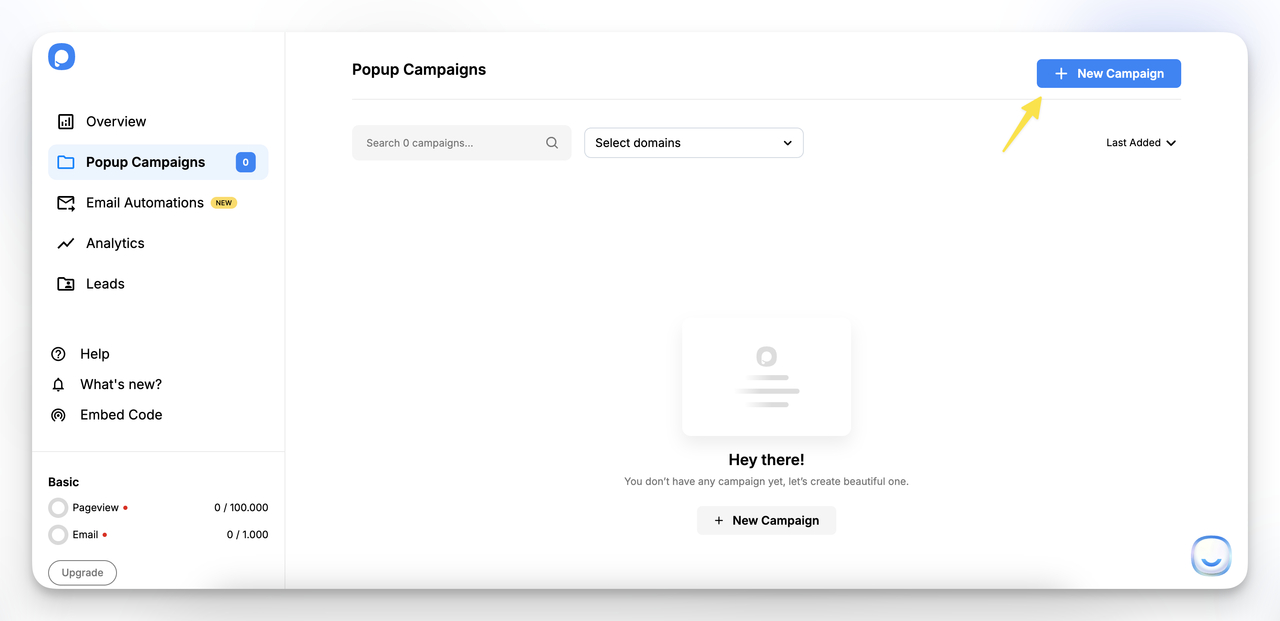 Popupsmart dashboard showing new campaign button