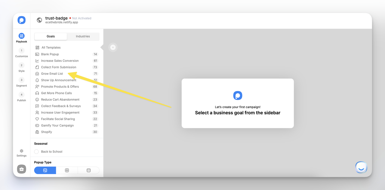 selecting a business goal on the Popupsmart dashboard