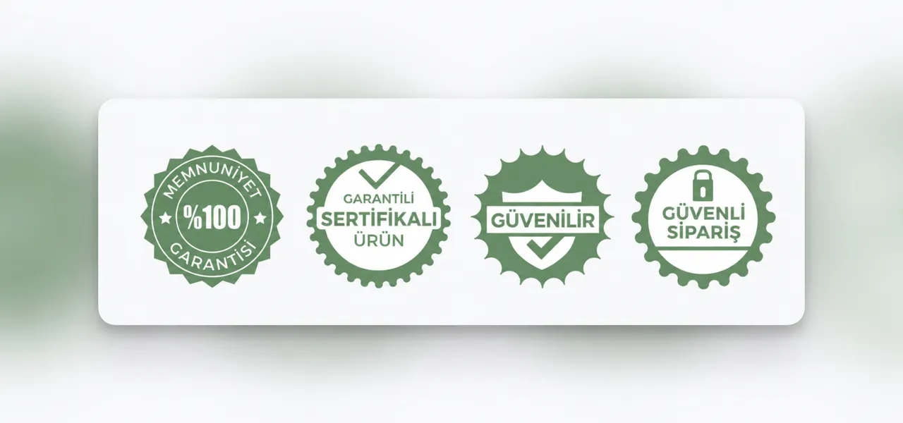 Dört farklı güven rozeti örneği: %100 memnuniyet garantisi, garantili sertifikalı ürün, güvenilir ve güvenli sipariş rozetleri