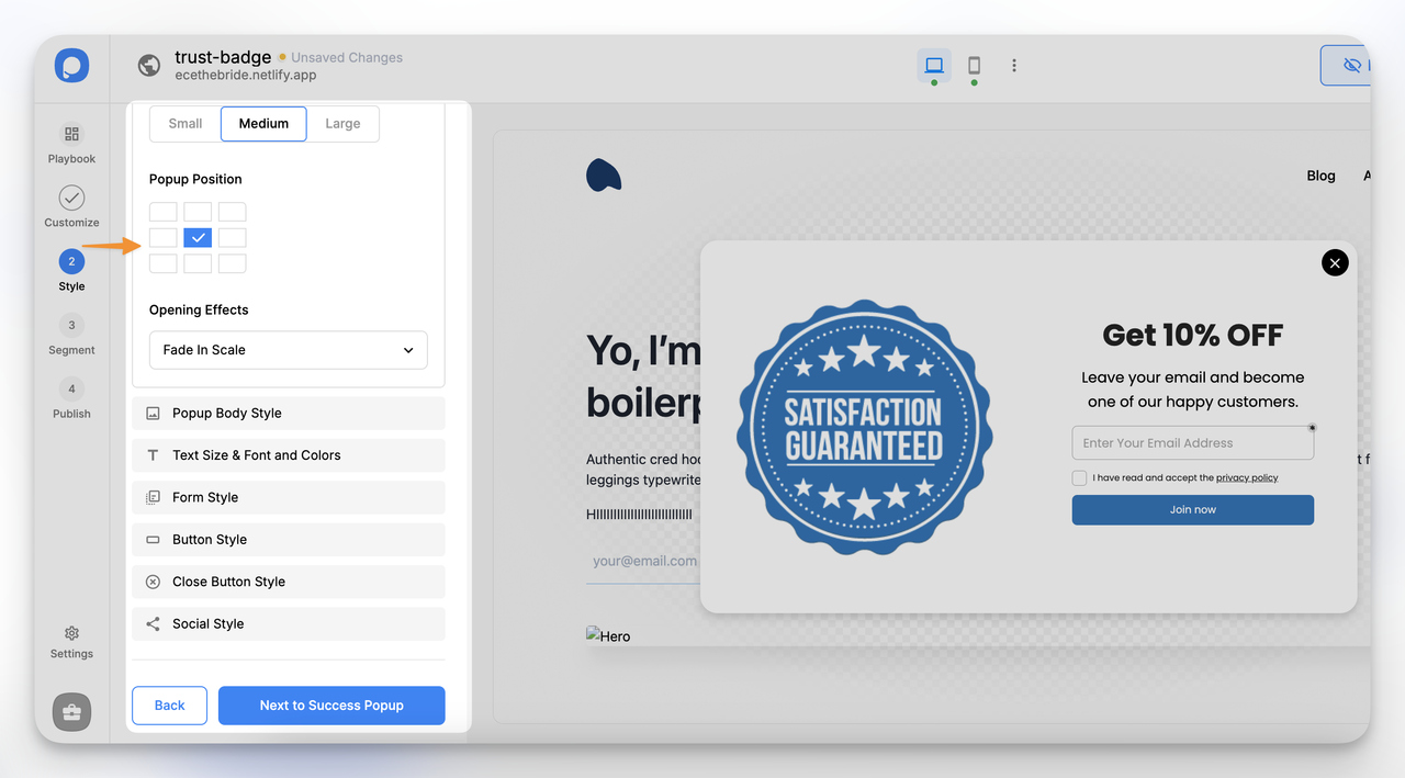 Popupsmart popup creation style settings