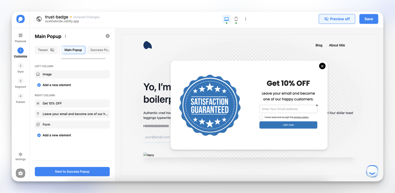 customizing a popup with a satisfaction guaranteed trust badge in Popupsmart