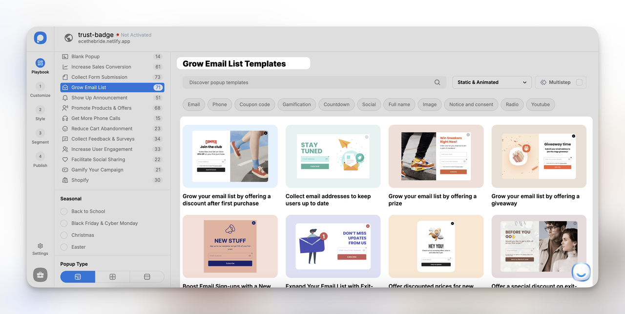Popupsmart popup template gallery