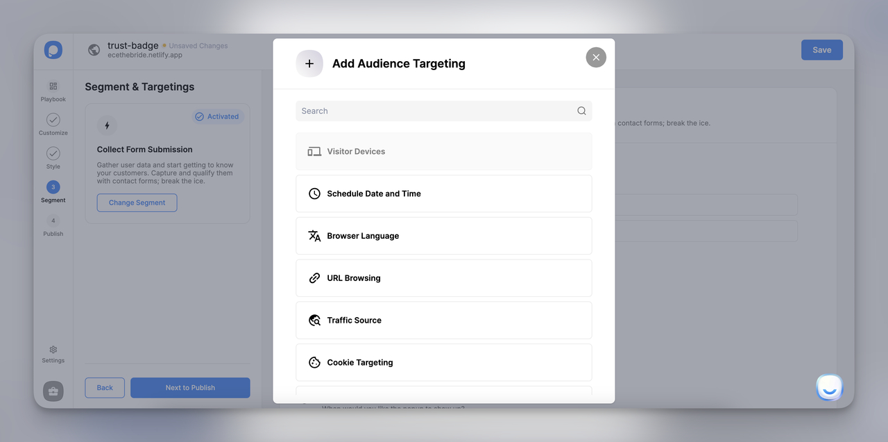 audience targeting settings in Popupsmart dashboard