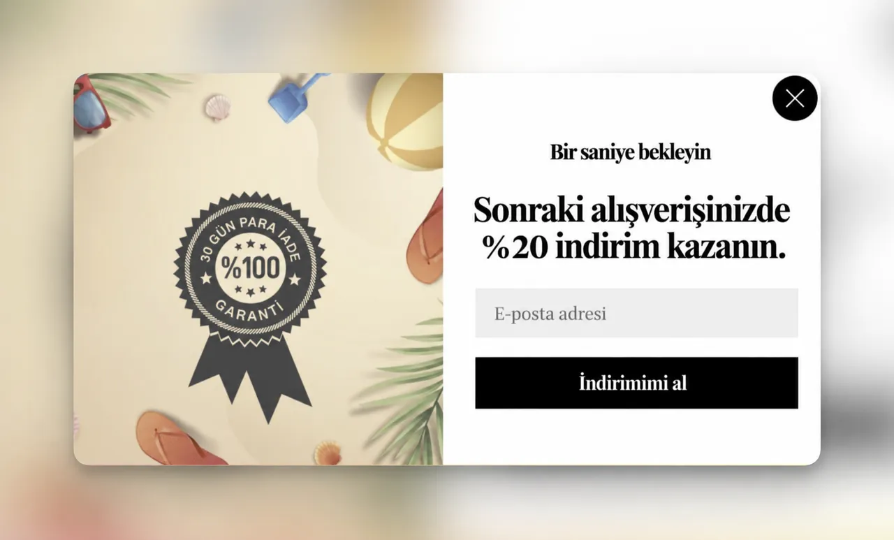 Güven rozetli bir popup örneği: 30 gün para iade garantisi rozeti ve %20 indirim teklifi