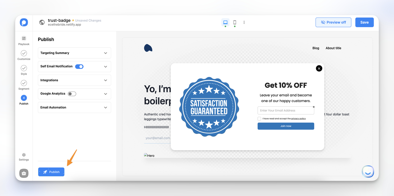 publishing a popup on the Popupsmart dashboard